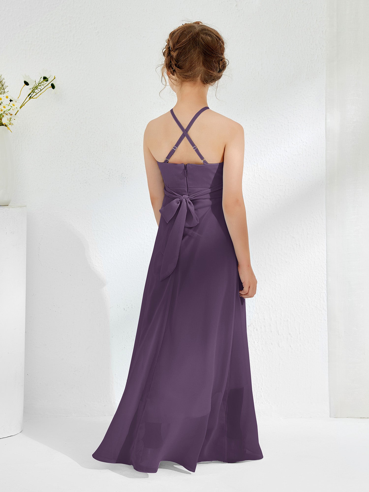 Halter Neckline A-line Chiffon Junior Bridesmaid Dresses Plum